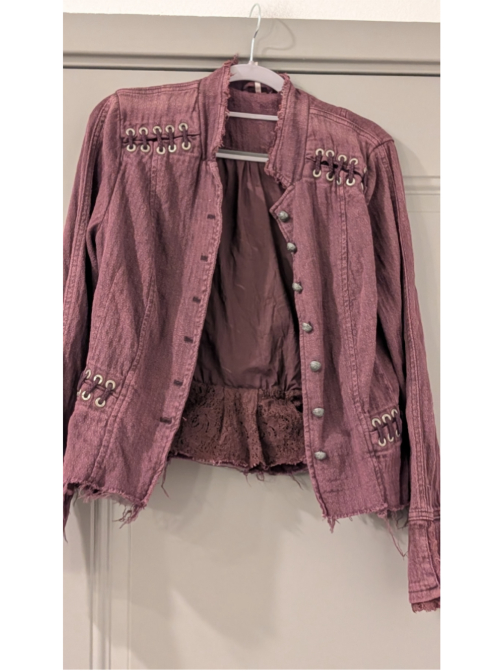 Women's Free People Distressed Lace-Trim Jacket, Size Small /P -Purple/Brown - Picture 2 of 10